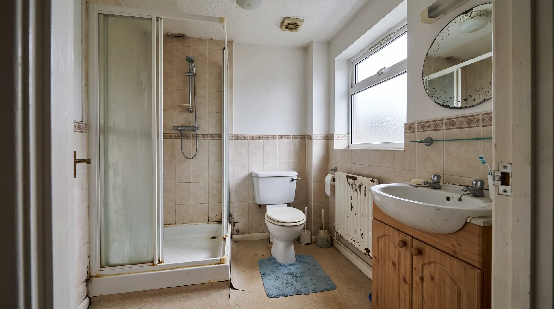 Dated bathroom with old shower cubicle, worn tiles and pine vanity