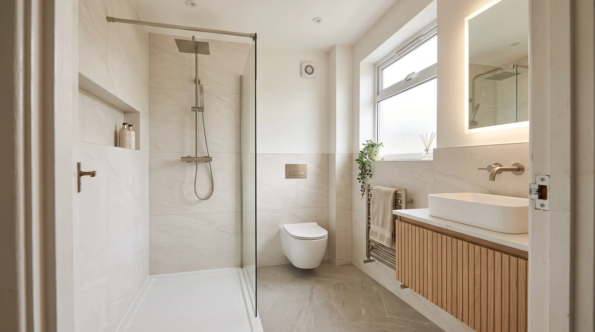 Renovated bathroom with walk-in shower, wall-hung toilet and oak vanity